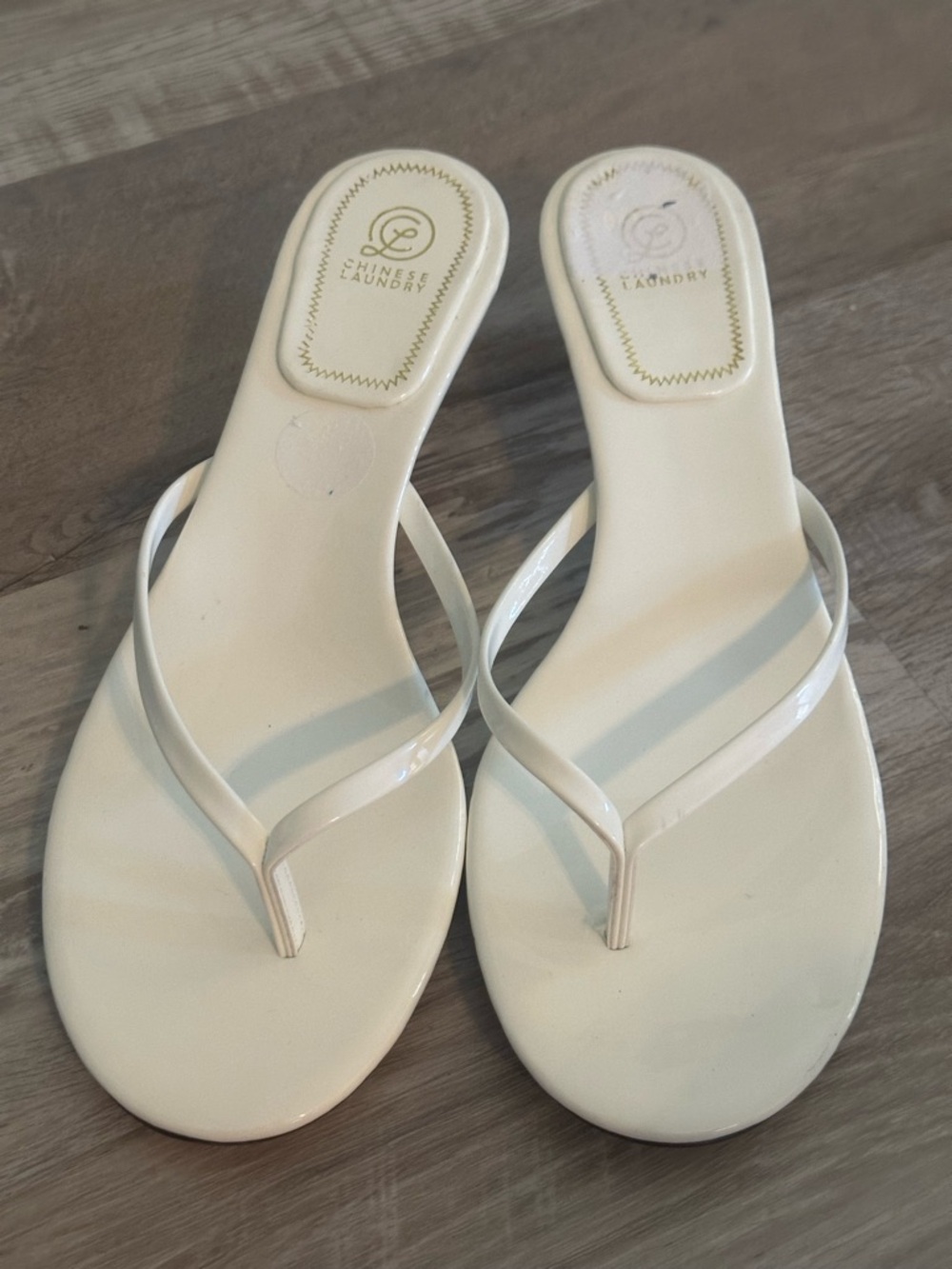 Chinese Laundry Cream Patent Thong Sandals